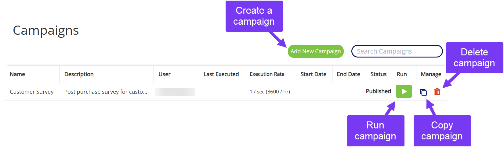 The Engage homepage, titled Campaigns 